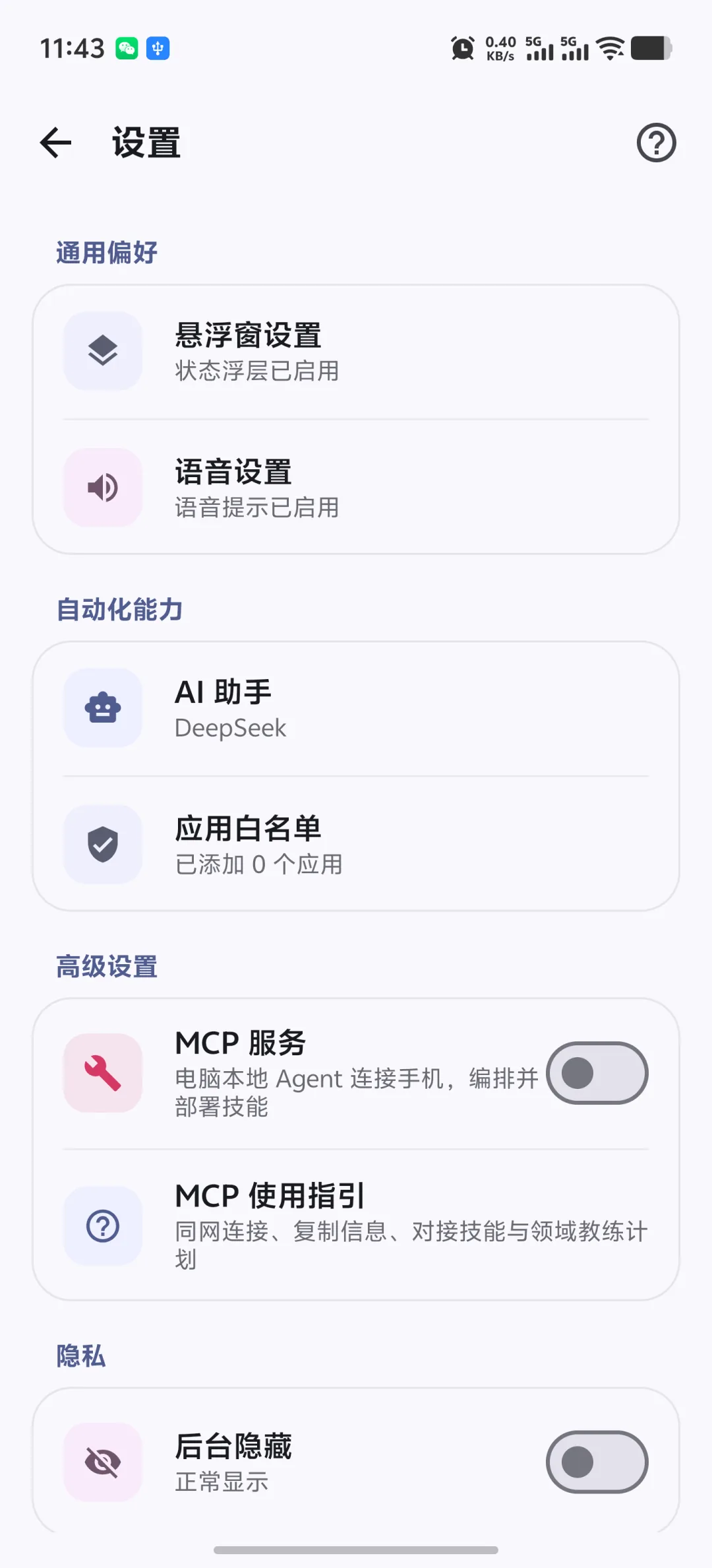 快游大师设置页中的 MCP 服务与使用指引入口